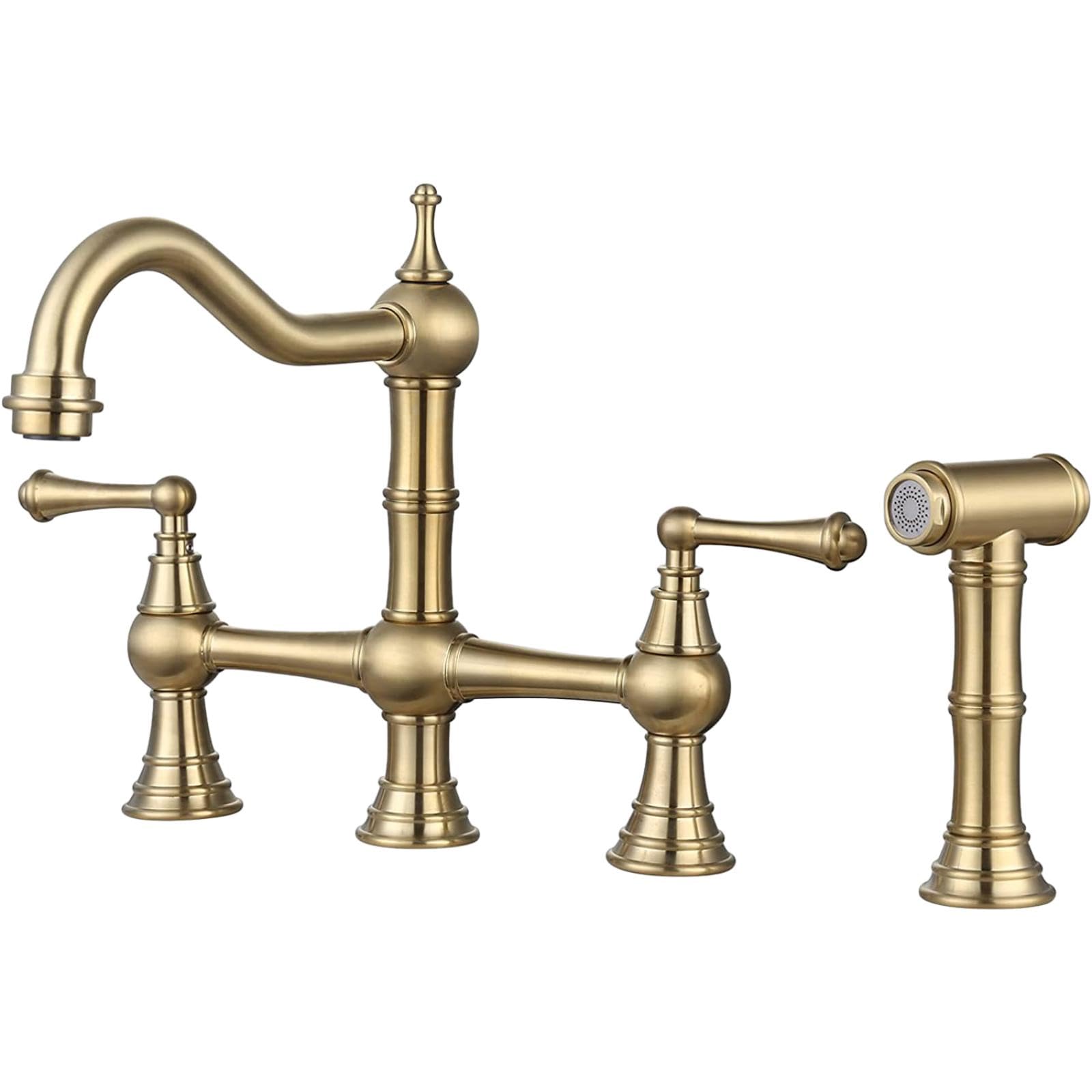 Wiquybml Brushed Gold Brass Bridge Kitchen Faucet With Side Sprayer Modern Design For Sink
