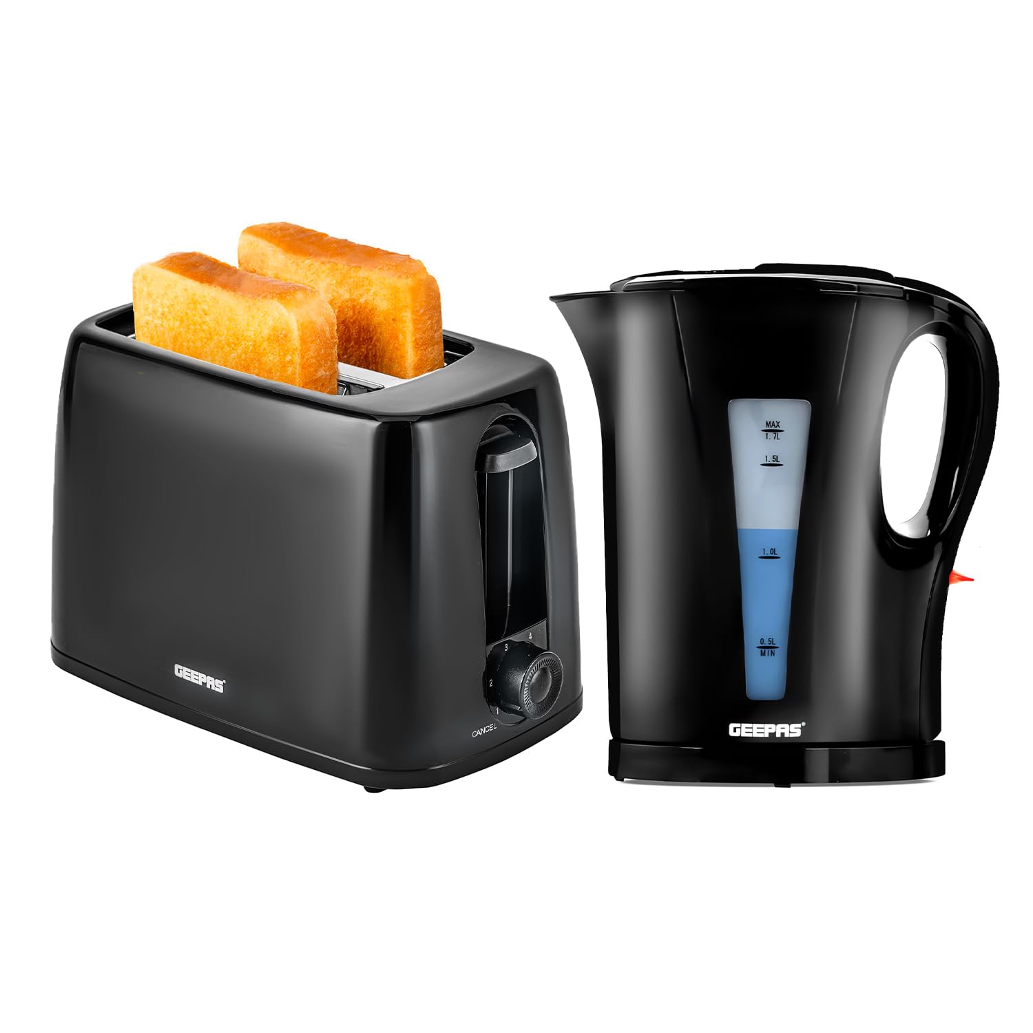 GEEPAS 1.7L Electric Kettle & 2 Slice Bread Toaster Kitchen Combo Set Black