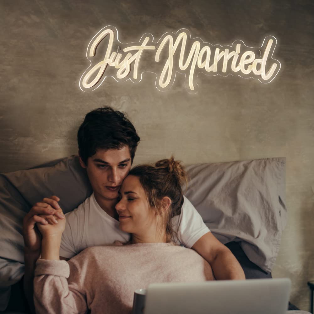 Letrero de neón personalizado 'Just Married' para boda, iluminación LED USB, acrílico, romance