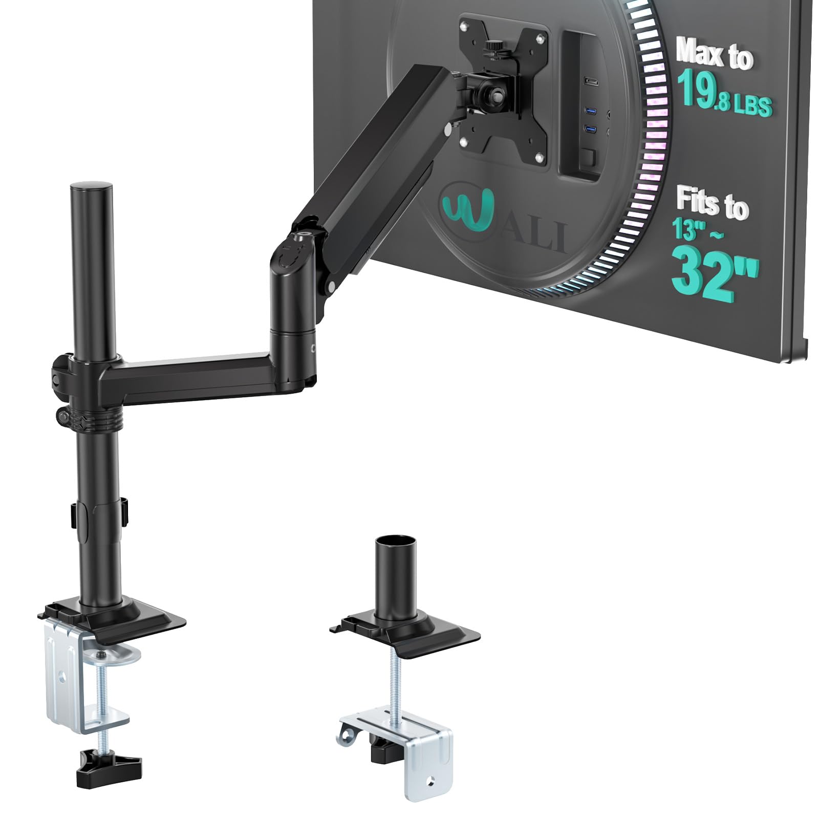 WALI Single Monitor Arm 13-32 Inch, Single Monitor Mount, Vesa Desk Mount up to 19.8lbs Gas Spring Arm with Clamp, VESA 75x75mm or 100x100mm Compatibility(GSDM001), Black