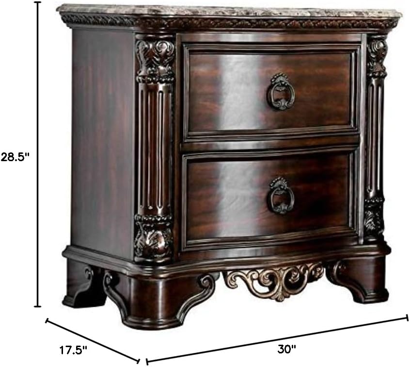 Home Square Jordan Transitional Wood and Marble Top Nightstand in Brown Cherry Set of 2