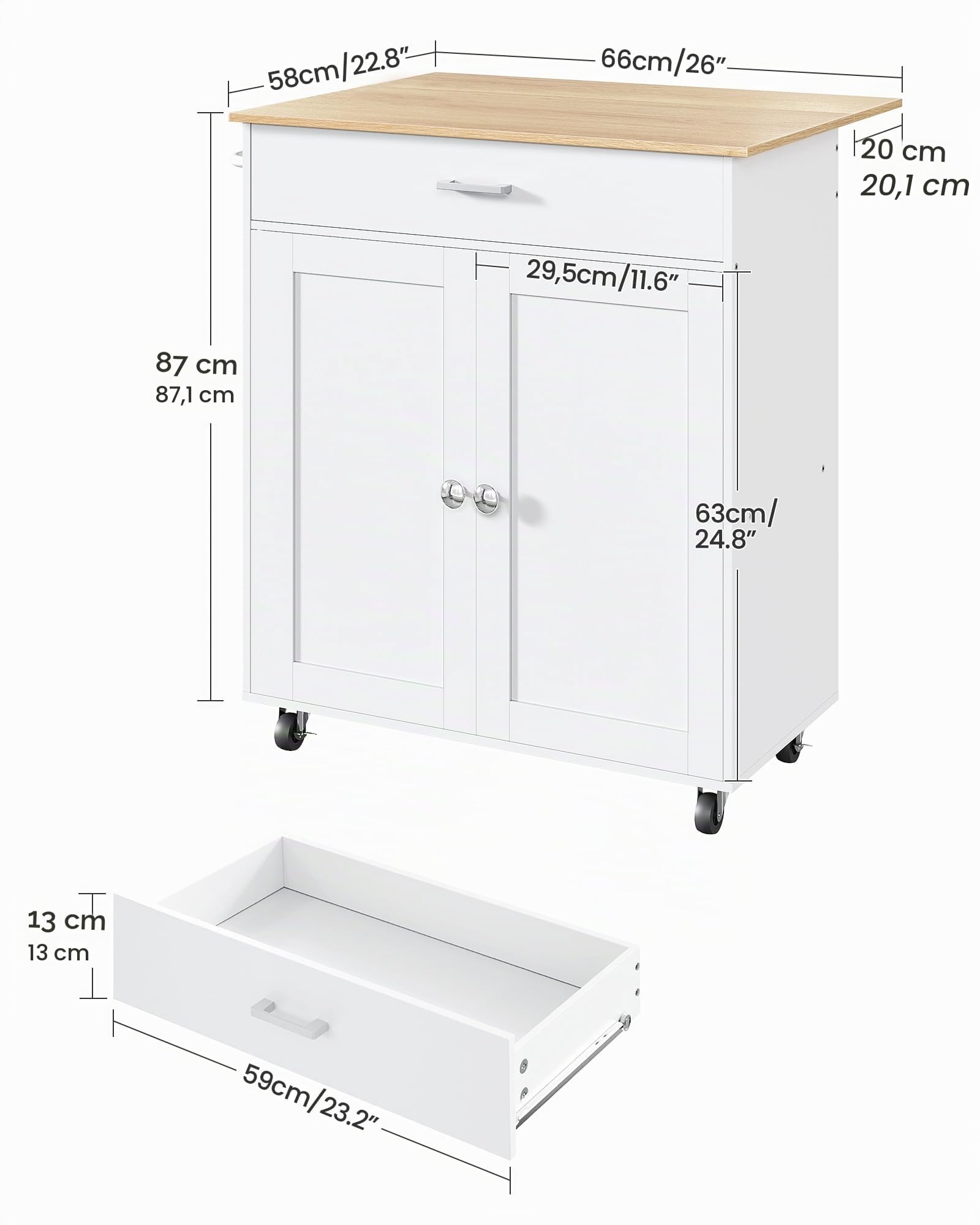 CHOEZON DMZD01WN - Desserte de cuisine avec compartiment de rangement, avec roulettes et chariots de cuisine avec plan de travail, double porte, table rabattable, meuble, couleur blanc naturel