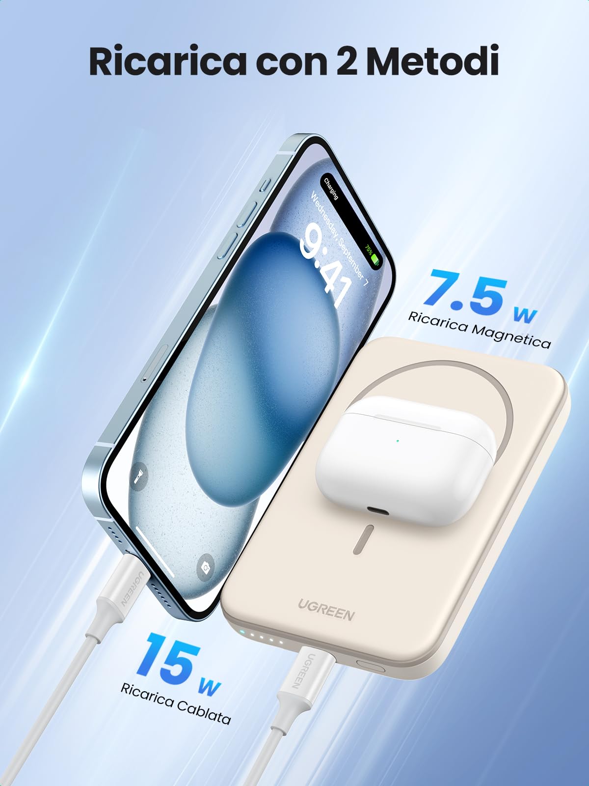 UGREEN Nexode Power Bank Magnetico 5000mAh, Caricatore Portatile PD 15W con Cavo USB C, Batteria Esterna Wireless Compatibile con iPhone 16/15/14/13/12/Mini Plus Pro Max(Beige)