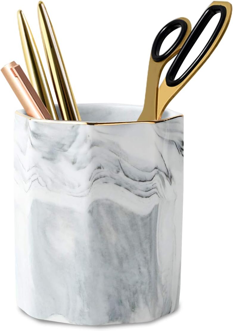 WAVEYU Pen Holder, Stand for Desk Marble Pattern Pencil Cup for Girls Kids Durable Ceramic Desk Organizer Makeup Brush Holder Ideal Gift for Office, Classroom, Home, Gray Marble