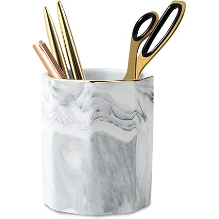 WAVEYU Pen Holder, Stand for Desk Marble Pattern Pencil Cup for Girls Kids Durable Ceramic Desk Organizer Makeup Brush Holder for Office, Classroom, Home, Gray Marble