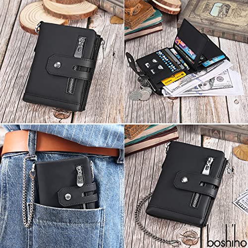 Image of boshiho Mens Wallet with Chain Genuine Leather Slim Bifold