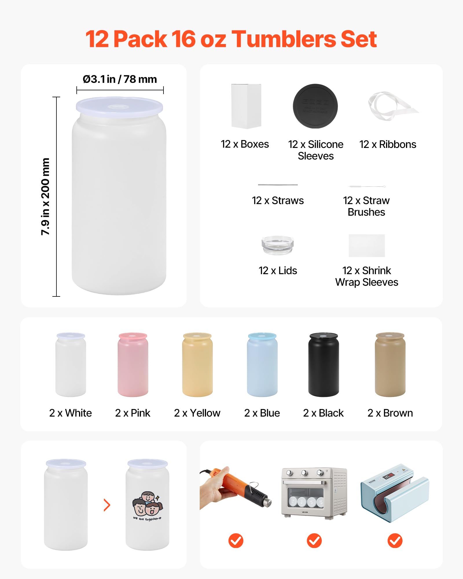 VEVOR Vasos de Sublimación 12 Piezas, Botellas de Agua de 473 ml de Acero Inoxidable, Apto para Uso Alimentario con Tapas y Pajitas, con Aislamiento de Doble Pared, para Manualidades, Multicolores
