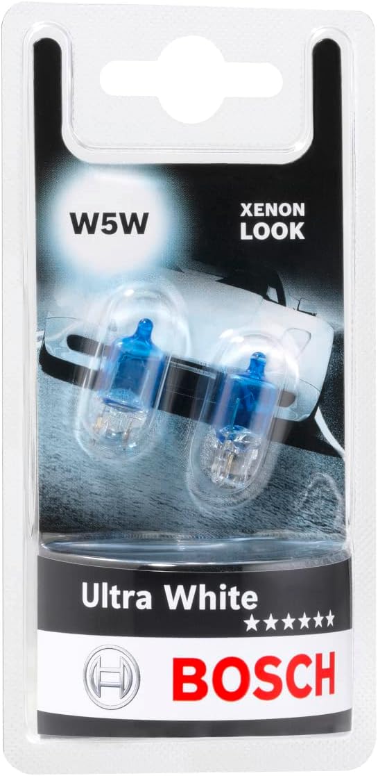 W5W (501) Ultra White Halogen Headlight Bulbs, 12 V 5 W, Modern White LED Look - Socket Type W2,1x9,5d - Pack of 2 Replacement Car Light Bulbs