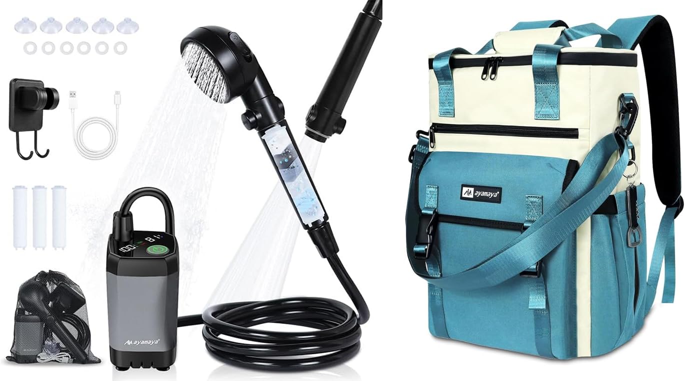 AYAMAYA Portable Shower for Camping + Backpack Cooler for Women Blue Waterproof Insulated Lunchbox