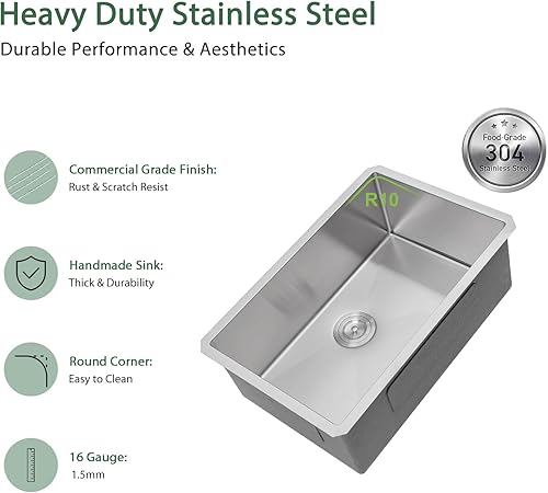 Miniatura 4 de Couoko Fregadero de cocina empotrado de 33 pulgadas, cuenco individual de acero inoxidable calibre 18 debajo de la encimera, fregadero hecho a mano,