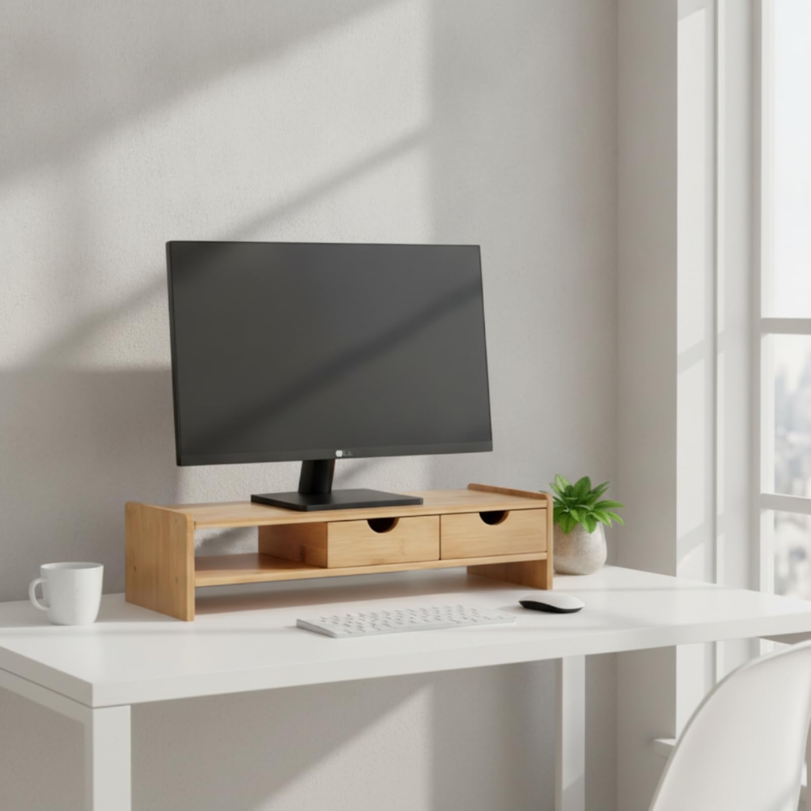 Qianly Rialzo da Scrivania Minimalista Supporto Moderno Arredo per Professionisti, Studenti, Ufficio, Stile Semplice D Con Doppio Cassetto