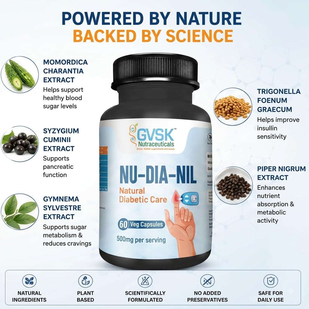 GVSK NU-DIA-NIL Natural Diabetic Care Supplement, Blood Sugar Support Capsules with Bitter Gourd, Jamun, Gymnema, Fenugreek & Black Pepper - Glucose Metabolism & Insulin Support - 60 Veg Capsules 1