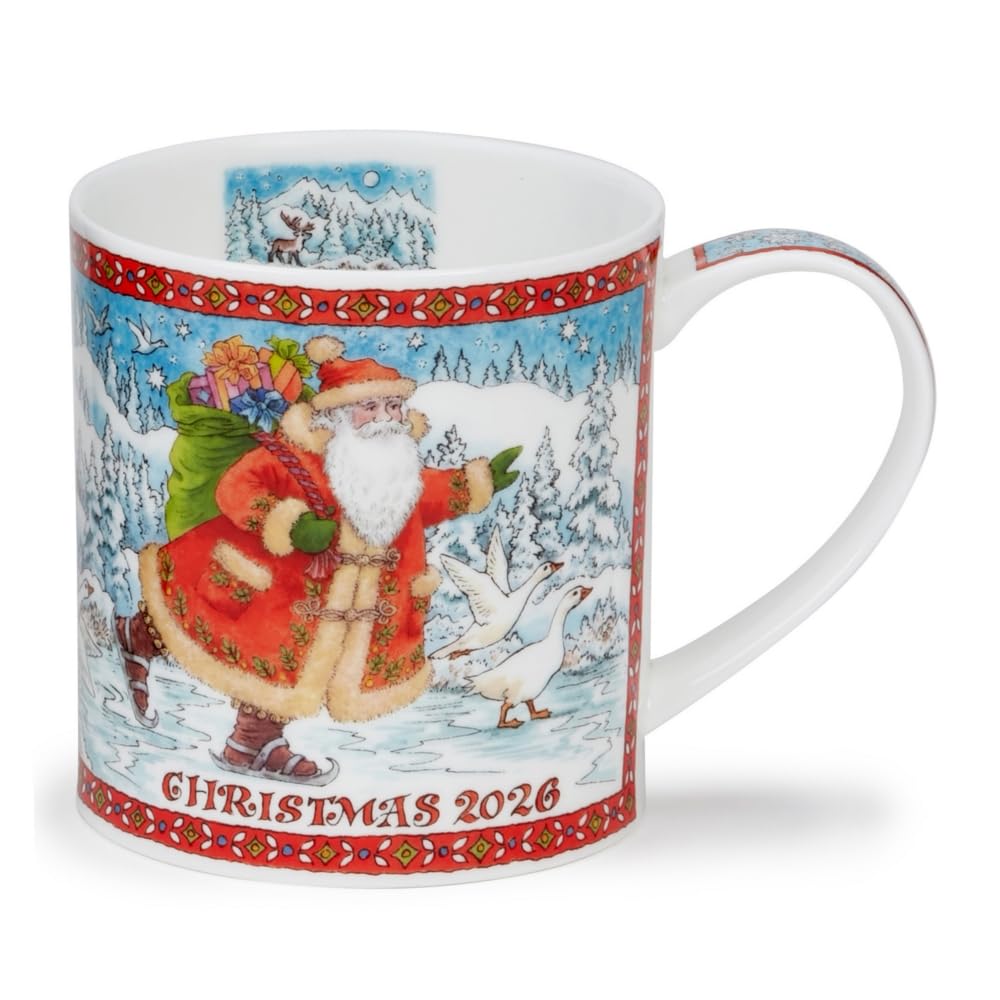 Dunoon Mug de Noël 2026 en porcelaine fine avec inscription « Santa Delivering Gifts » - 0,35 l - Édition limitée