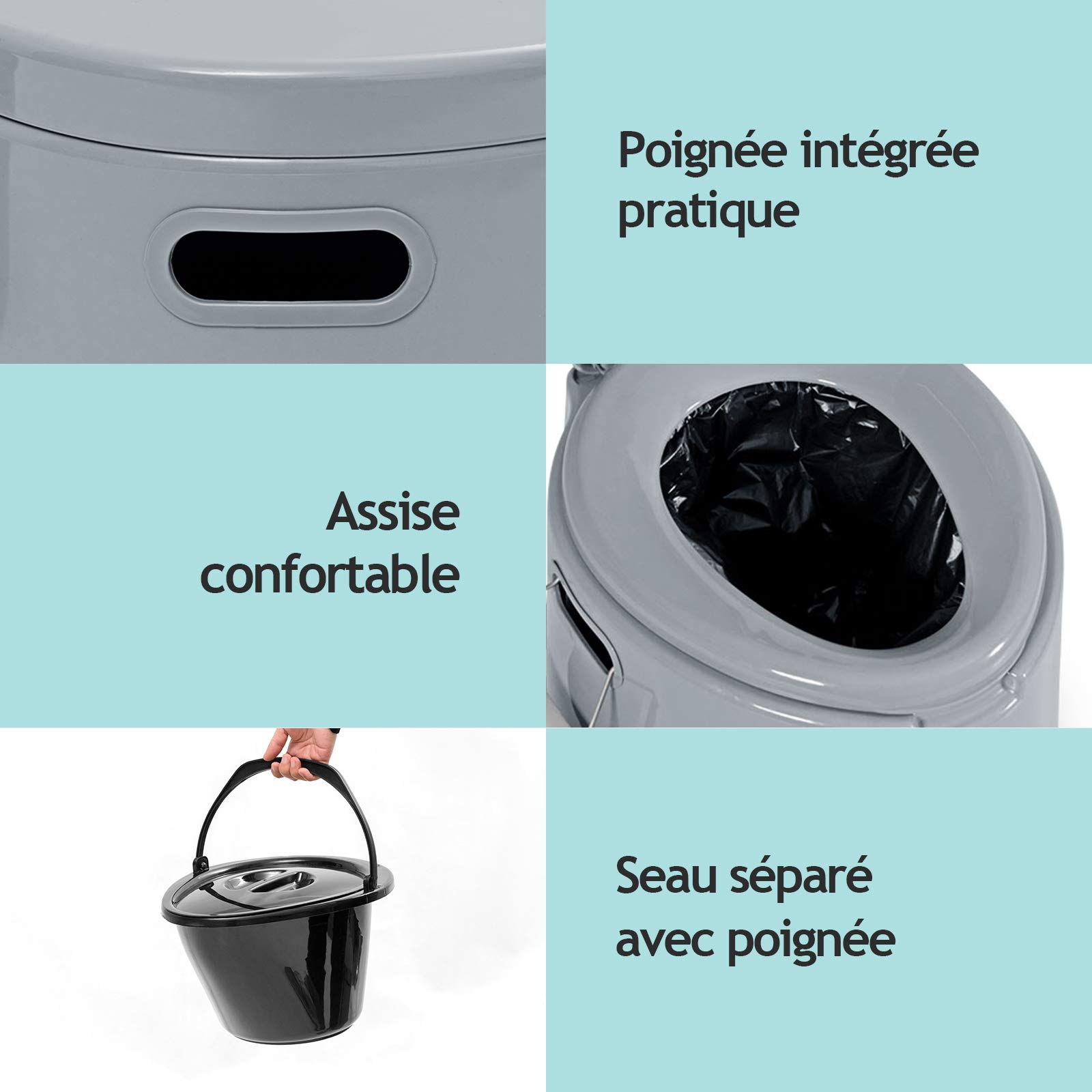 DREAMADE Toilette Portable – 5L Porte Rouleau de Papier Toilette, Utilisation à l’Intérieur et l’Extérieur pour Personnes Agés et Maladies, Voyage pour Caravanes, Campings en Plein Air, Gris et Noir
