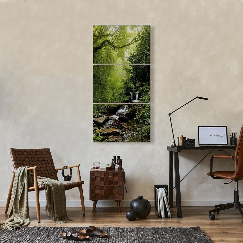 decomonkey Wandbilder Wald 90x180 cm 3 Teilig Leinwandbilder Kunstdruck | Bild auf Leinwand, Wanddeko, Wohnzimmer, Wanddekoration, Bäume, Fluss, Wasser, Natur, grün