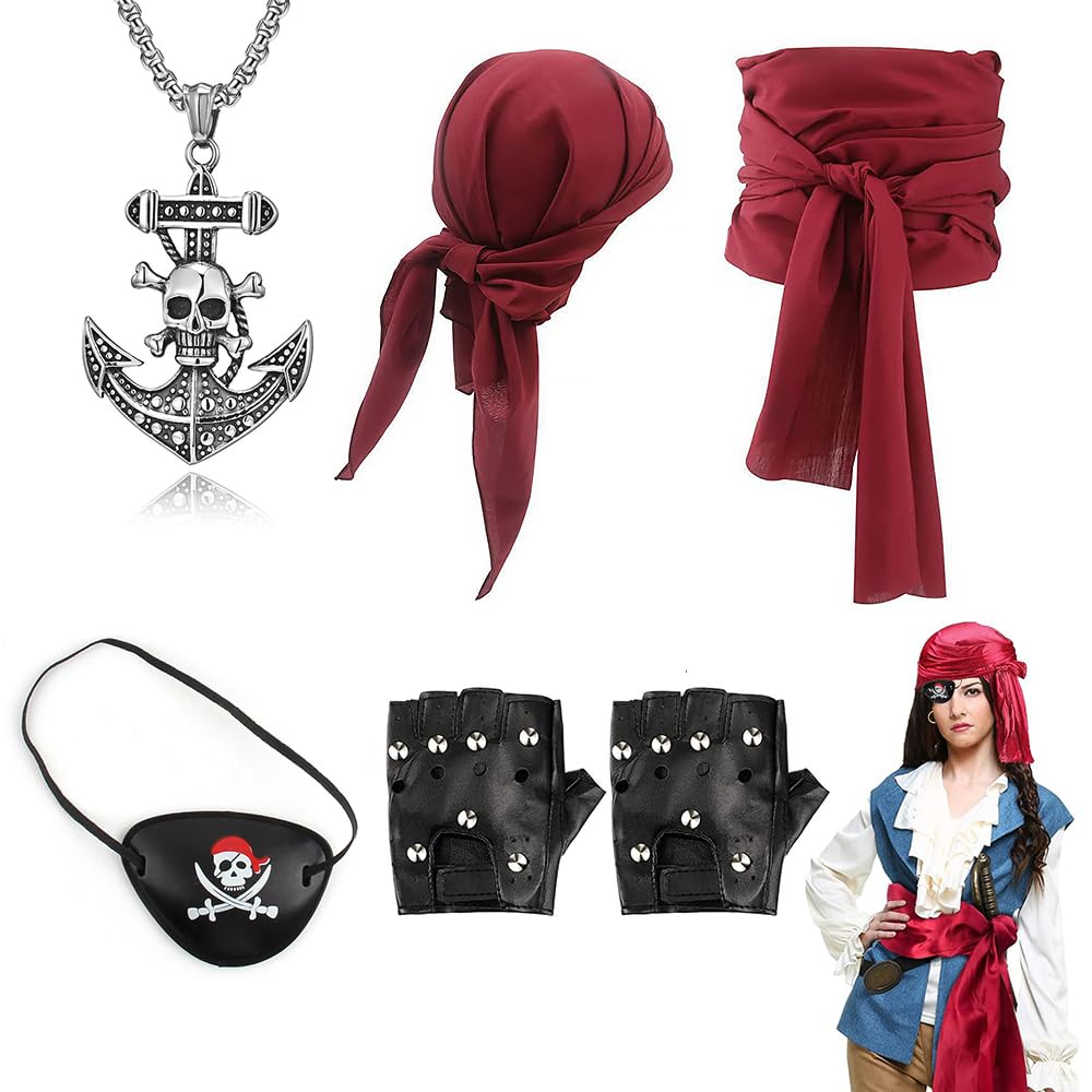5 Piezas Accesorios Disfraz Pirata para Mujer Hombre,Medieval Bandana Pirata y Cinturón Pirata,con Parches de Ojos Pirata,Collar,Guantes,para Suministros de fiesta de disfraces de cosplay Favores