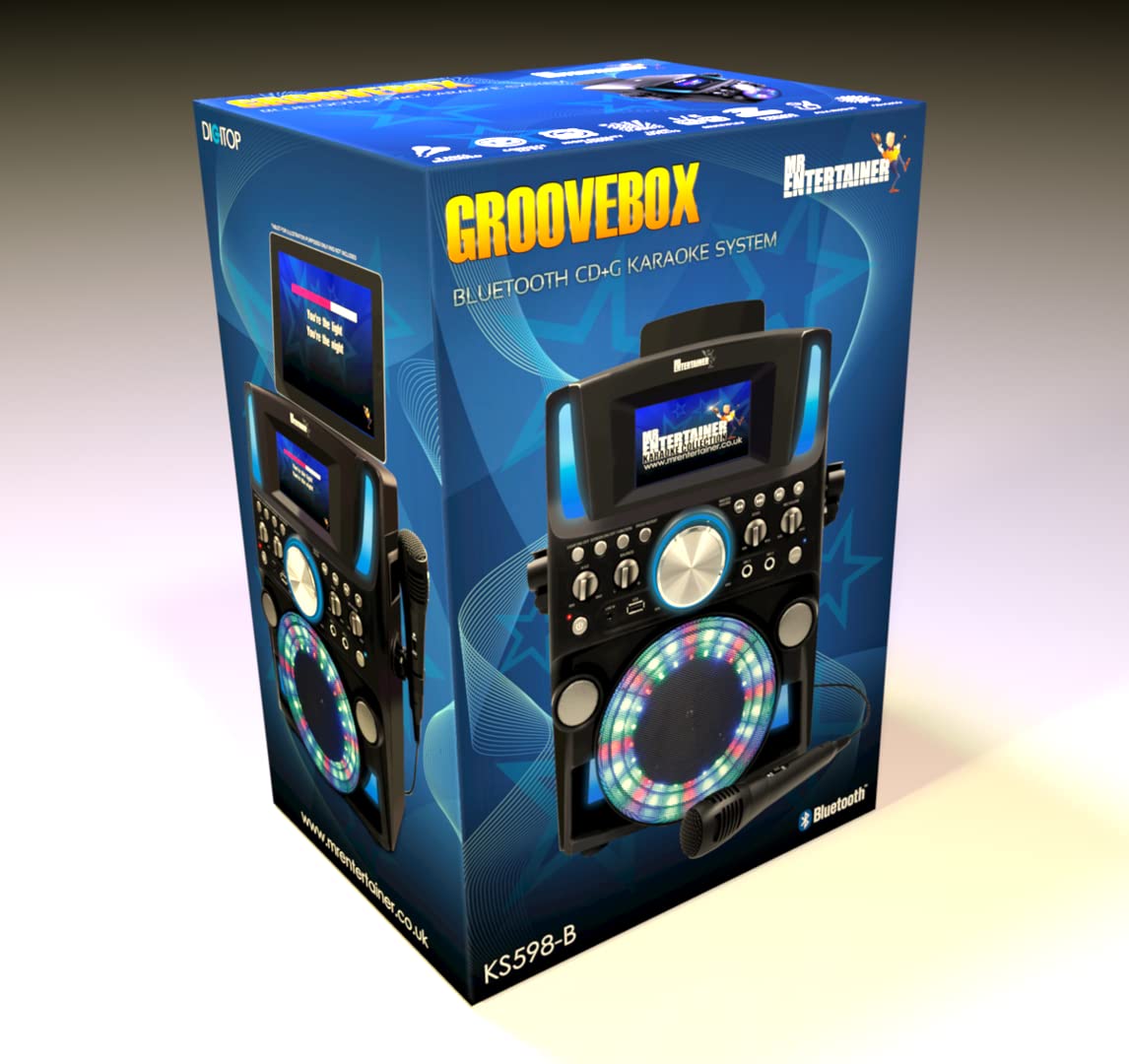 Groovebox Machine de karaoké Bluetooth CDG Écran intégré et lumières disco Comprend des chansons et des microphones (microphones filaires + 600 chansons)