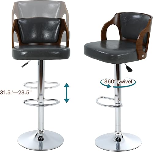 Miniatura 13 de Dkelincs Juego de 2 taburetes de bar, taburetes de bar giratorios ajustables en altura de mostrador con respaldo y brazos, moderno taburete de bar