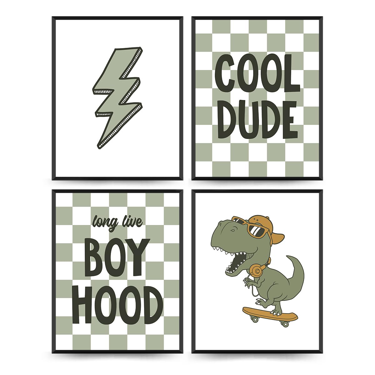 PLKMN Dinosaur Room Decor for Boys,Long Live Boyhood Wall Art Prints,Preppy Posters,Lightning Sign Poster Prints for Boys Teen Bedroom Playroom Dorm