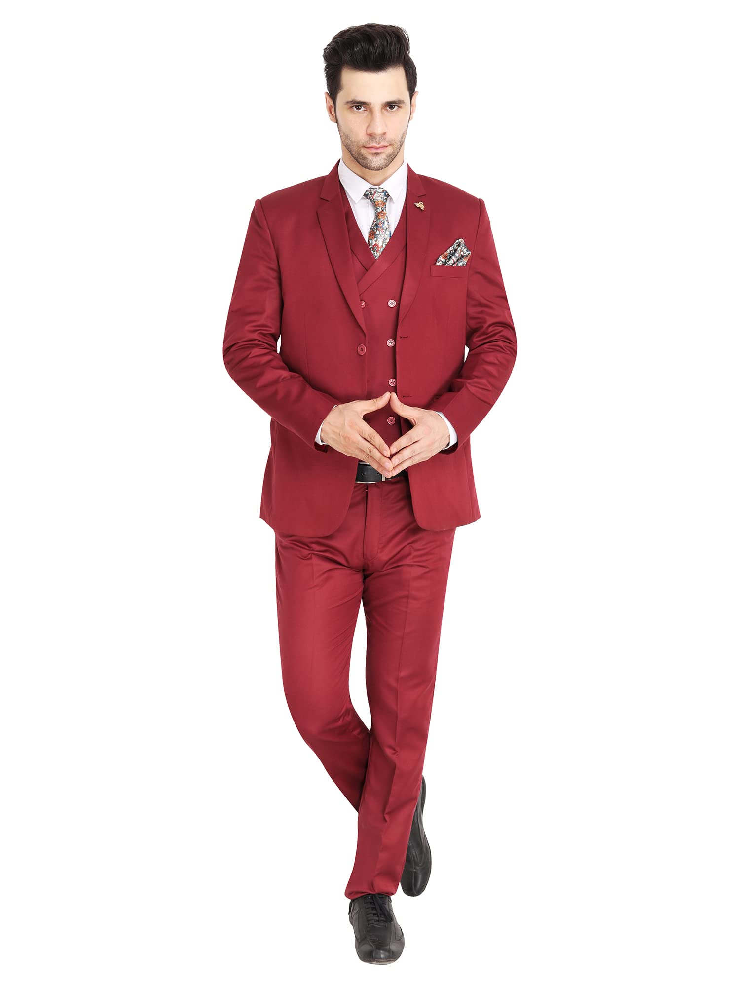VYOM Enterprise Men's Slim Fit Tuxedo 3 Pieces Suit Set Notch Lapel Suit with Double Breasted Waistcoat Crocodile (34, Maroon)-picture-38