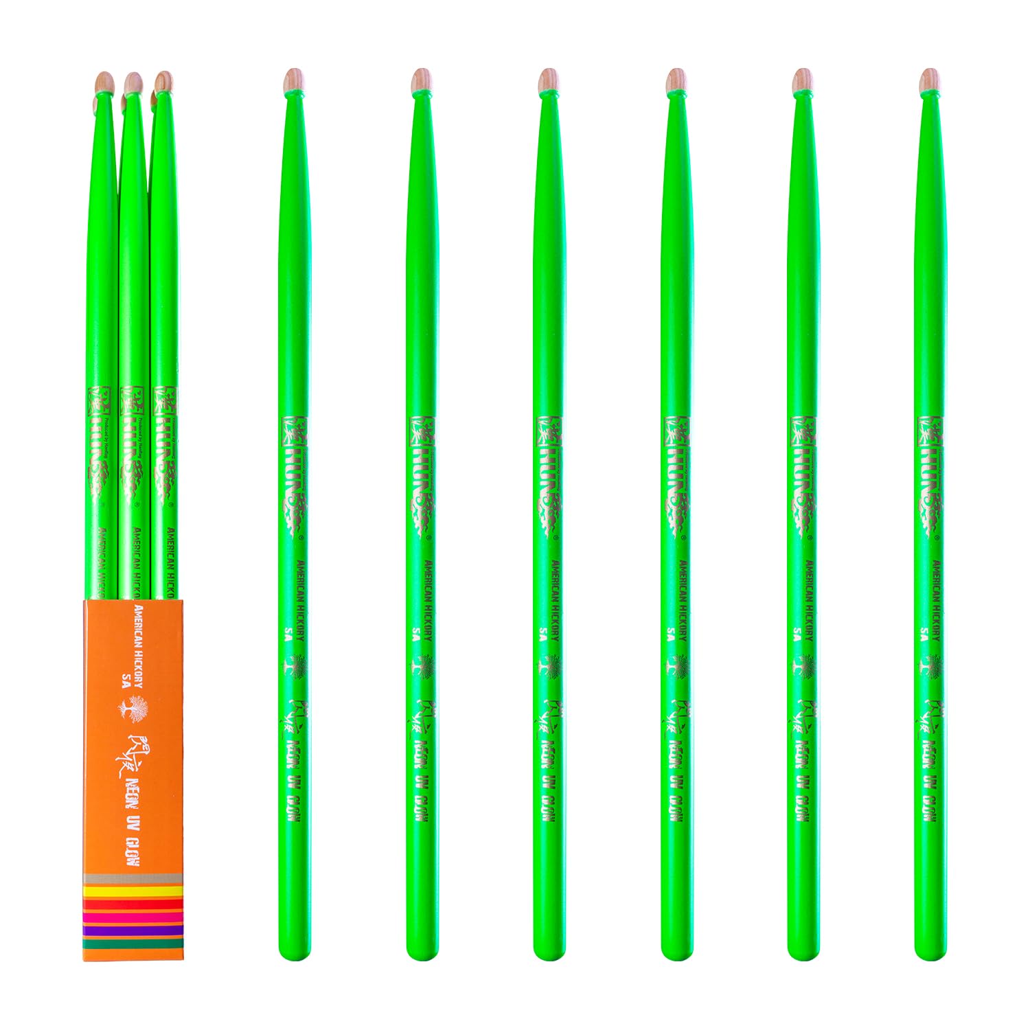 3-pairs(Green), Neon UV Glow Drum Stick,Classic 5A Drum Stick, Hickory Drum Stick, for Acoustic or Electronic Drum, wood drumstick glow under black light on stage,cant glow in dark.School Season Gift.