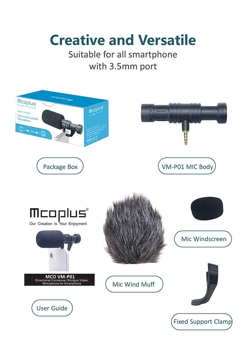 Venidice VM-P01 3,5 mm Jack Shotgun mikrofon pojemnościowy do smartfona, karaoke, nagrywania, śpiewania, podcastów