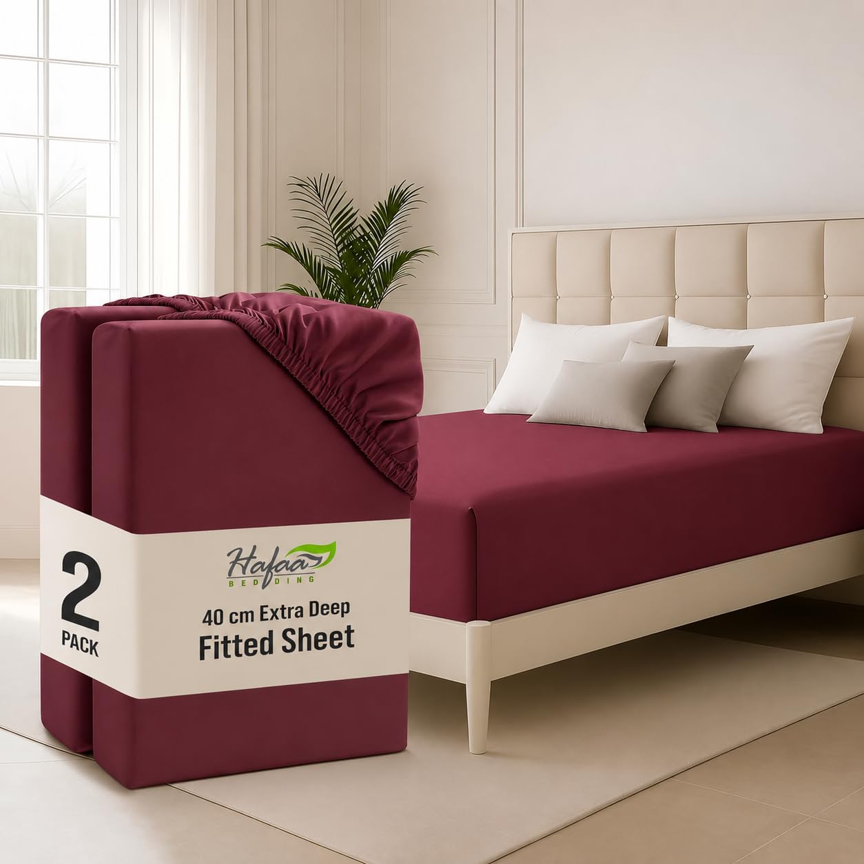 Hafaa King Size Fitted Sheets 2 Pack 40Cm Deep Pocket 16 Inch Burgundy — image 1