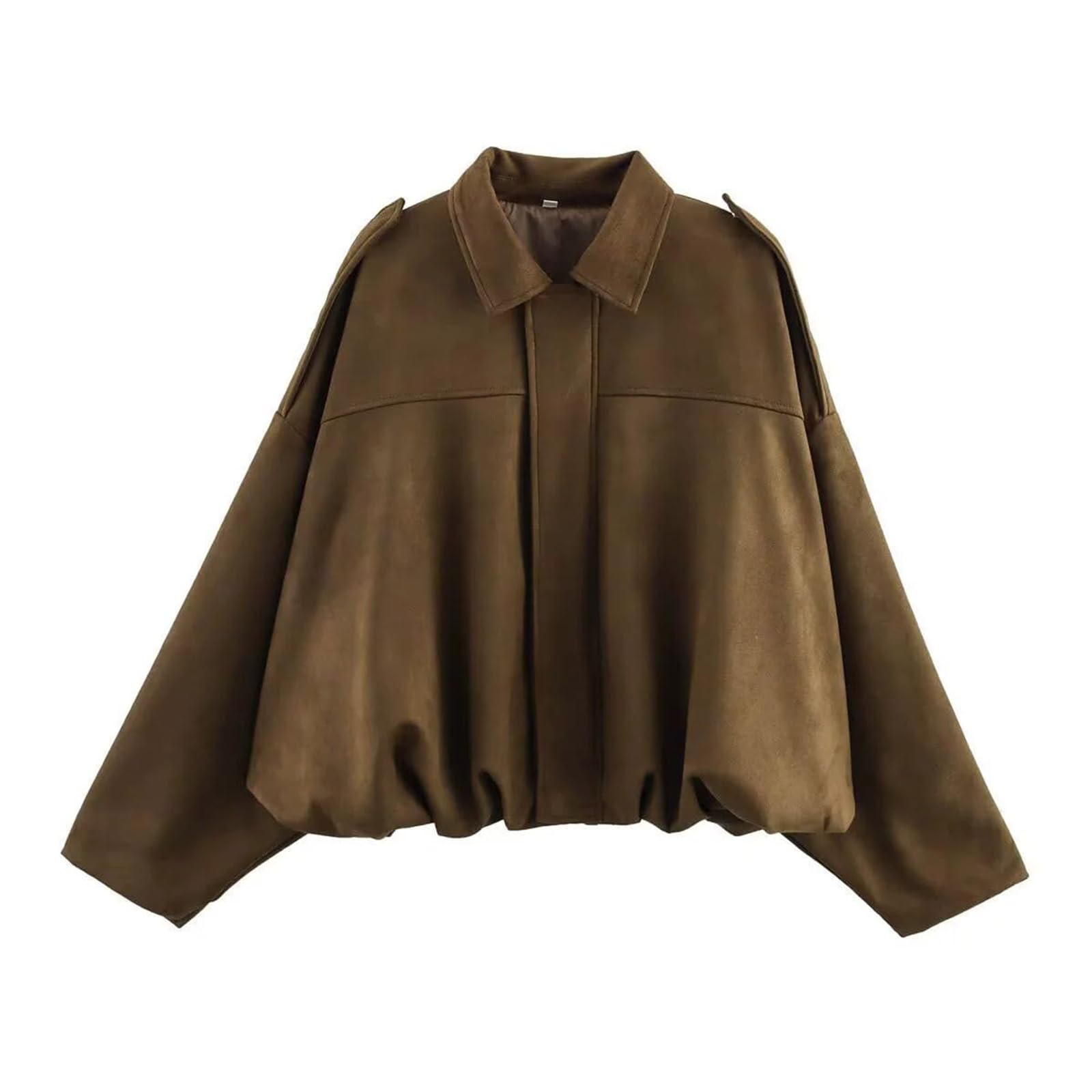 Chaqueta bomber corta para mujer de piel sintética de ante con solapa y cremallera