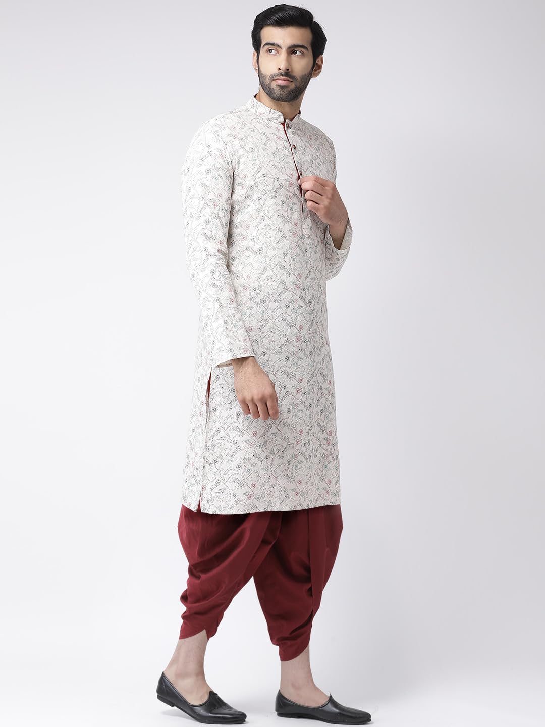 Kisah Men's Kurta Dhoti Set, Multi Cotton Blend, Block Print Mandarin Collar Regular Fit Long Sleeves (42)