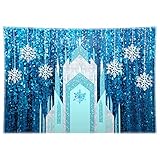 84x60in Fabric Ice Snow Castle Backdrop Girl Birthday Party Decoration Princess Supply Baby Shower Cake Table Banner Snowflake Curtain (No Glitter No Sequin) Winter Kid Photo Booth Prop