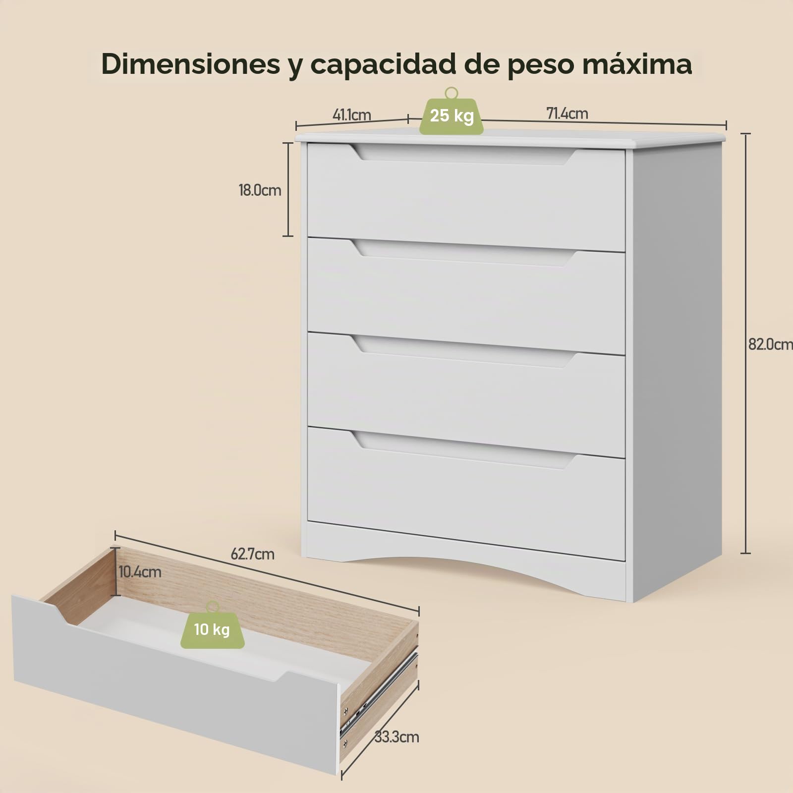 Bealife Cómoda de Dormitorio con 4 cajones espaciosos, Armario con cajones con Tiradores recortados y Bloqueo antivuelco, Ideal para salón, Oficina (Blanco)