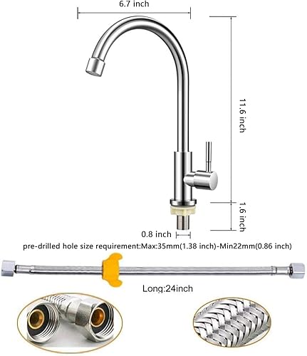 Miniatura 6 de Solo grifo de agua fría, acero inoxidable de níquel cepillado de un solo agujero, grifo de fregadero de agua fría de arco alto para cocina,