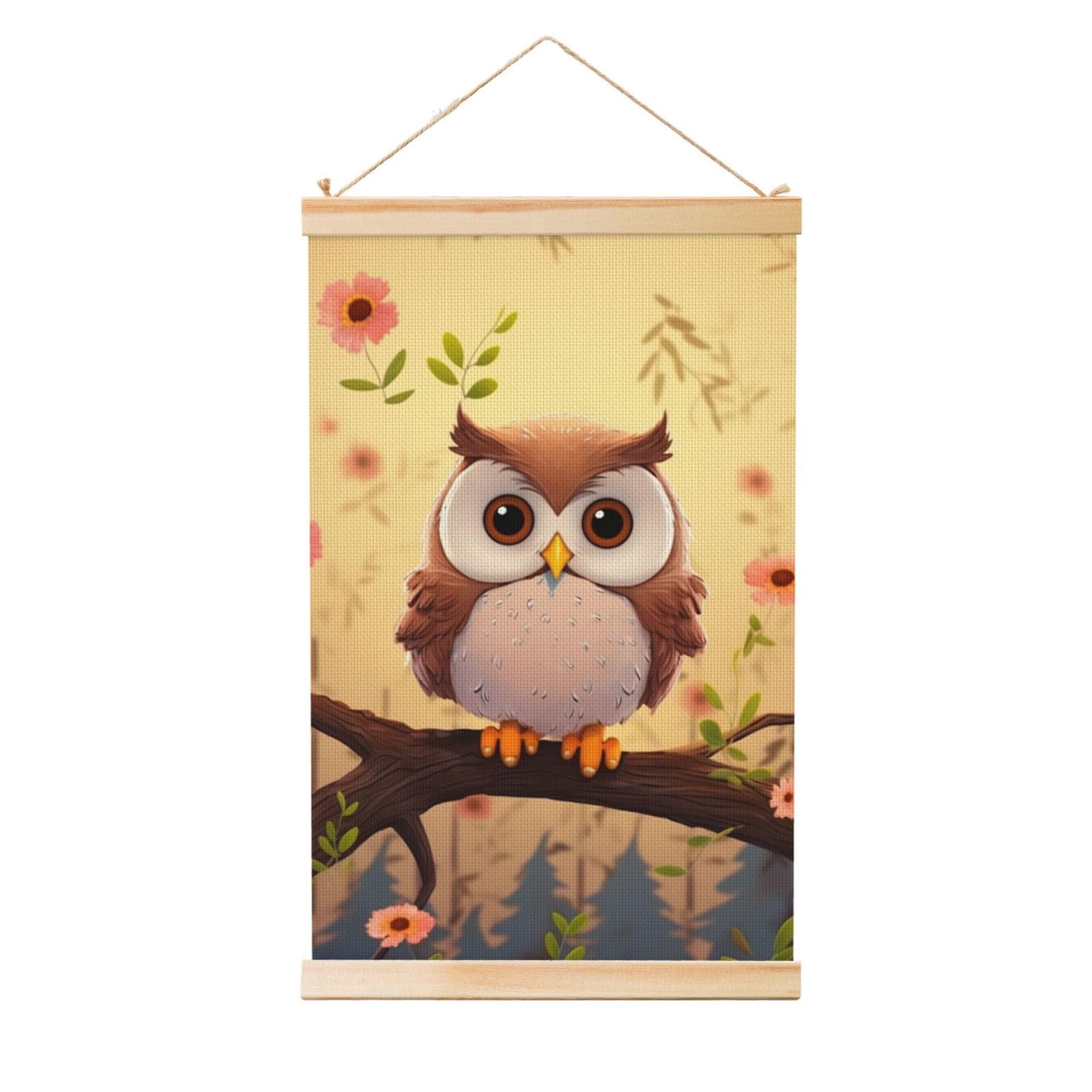 cute owl Posters Wooden Shaft Hanging Poster Canvas Prints Scroll Wall Art Painting Vintage Wall Banner Modern Artwork Decor for Home Decor Ready to Hang 20"x30"