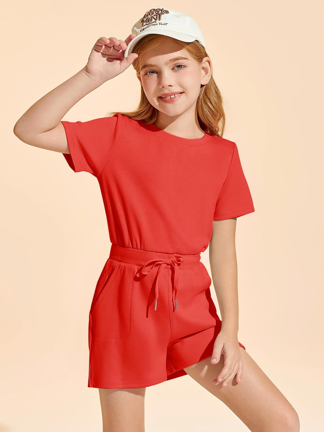 Haloumoning Girls Romper Short Sleeve Drawstring Summer Outfits Kids Casual Short Jumpsuit with Pockets 5-14 Years