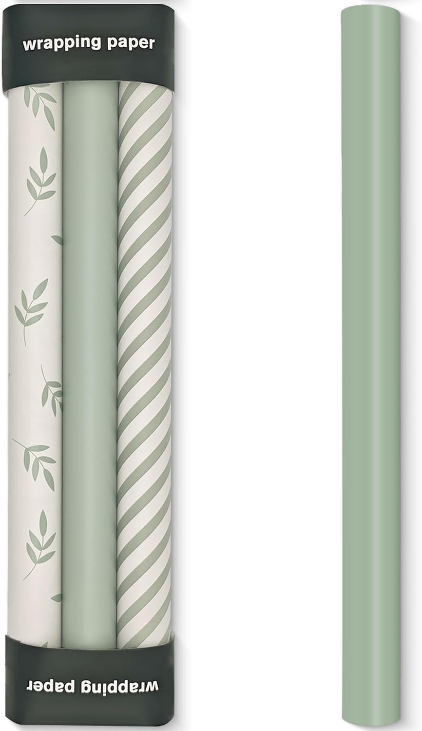 VCOOHM Gift Wrapping Paper Bundle – 4 Rolls Total, 17 inch Wide Neutral Sage Green Wrapping Paper Set with Solid, Stripes & Leafy Prints – Elegant Gift Wrap for Birthday, Wedding, Baby Shower, Holiday