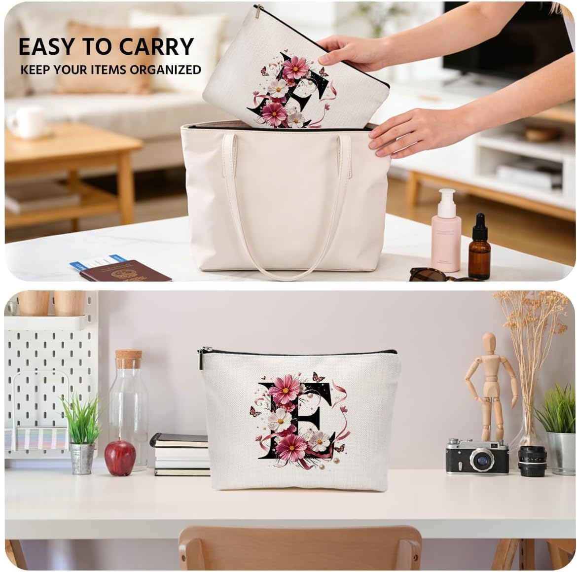 JIUWEIHU Pink Flower Initial Makeup Bag, Birthday Gifts for Women Mom image 5