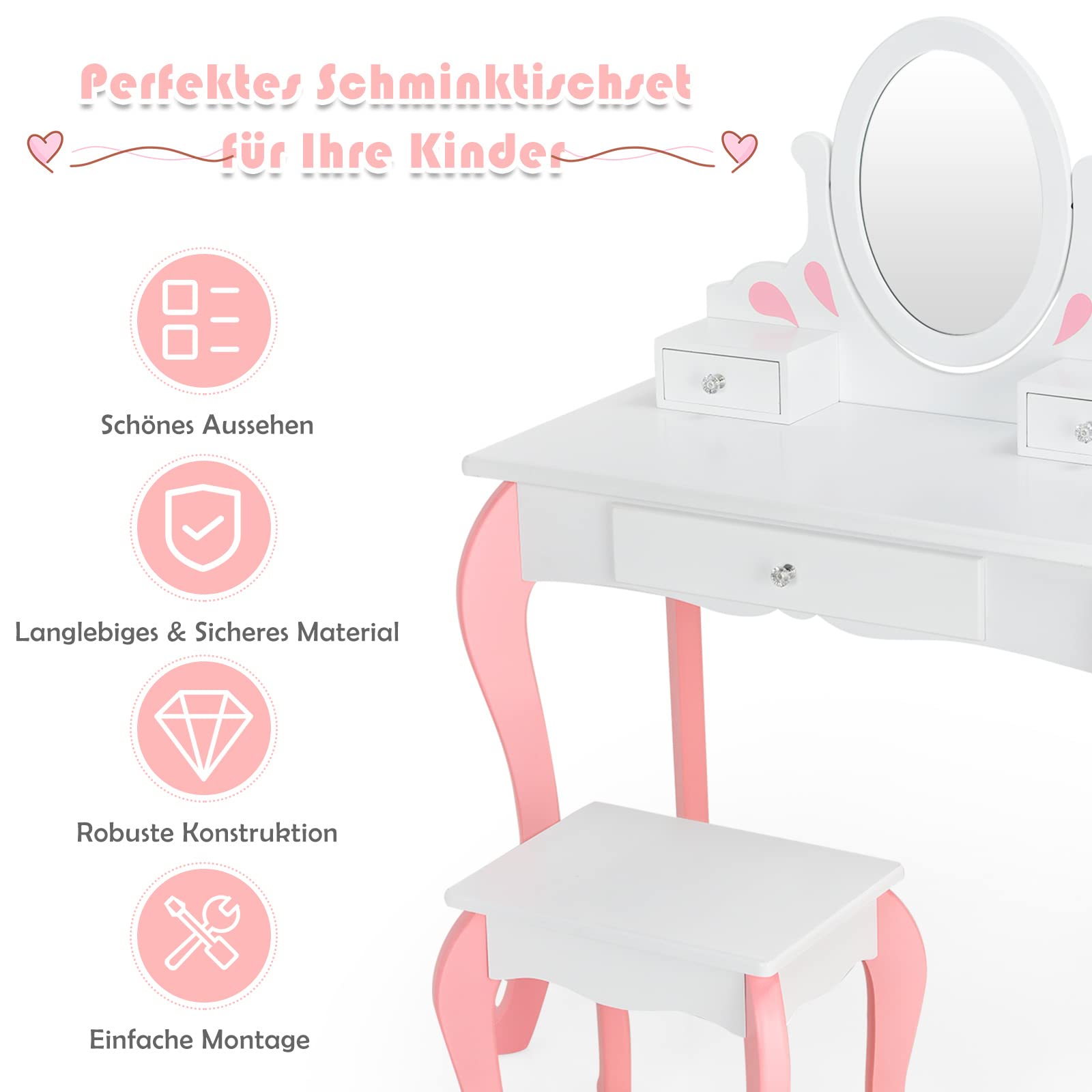 COSTWAY Kinder Schminktisch mit Hocker, Prinzessin Frisiertisch mit 3 Schublade & 360 ° drehbarem Spiegel, Frisierkommode Schminkkommode für Mädchen (Weiß)