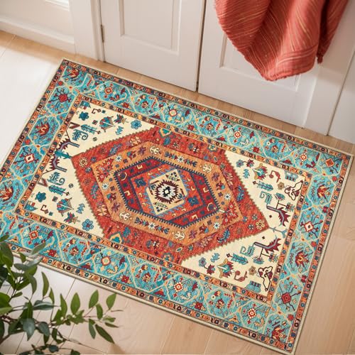 SERISSA Boho Rugs for Entryway, 2x3 Orange Entryway Rug Non-Slip Washable Small Area Rug, Ultra Soft Oriental Vintage Low-Pile Indoor Door Mat Floor Carpet for Entrance Bedroom Kitchen Bathroom