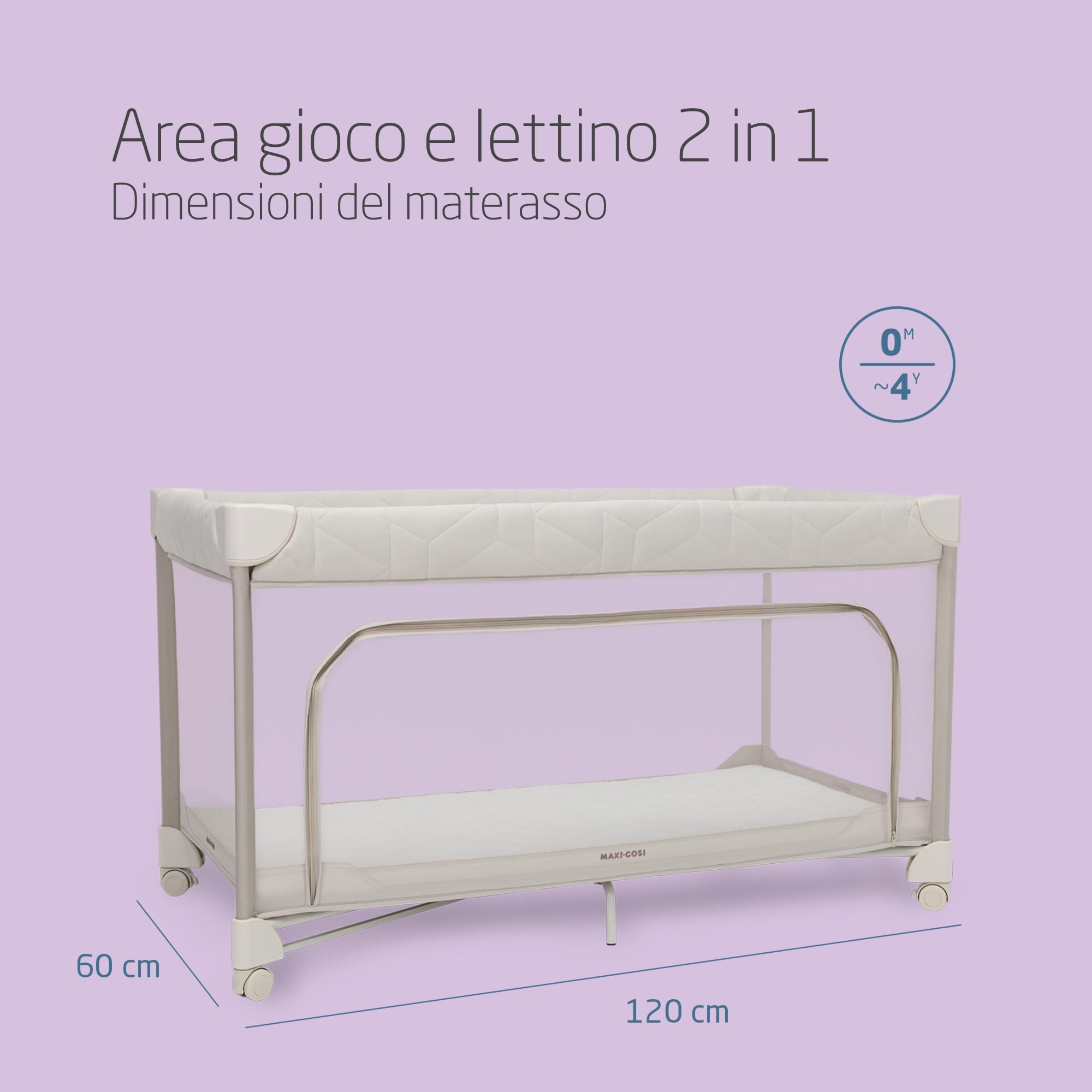 Maxi-Cosi Merlin, 2 in 1 Culla da Campeggio Neonato & Area Giochi, 0-4 Anni, 0-18 kg, Lettino da Viaggio Bambini, Chiusura in 1 Secondo, Materasso 120x60 cm, Finestra Laterale, Elegance Beige