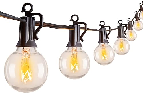 Tira de focos transparentes, de G40, forma de globo, con temporizador, 13 pies, para exteriores, 40 LED, luces cálidas blancas parpadeantes, negro