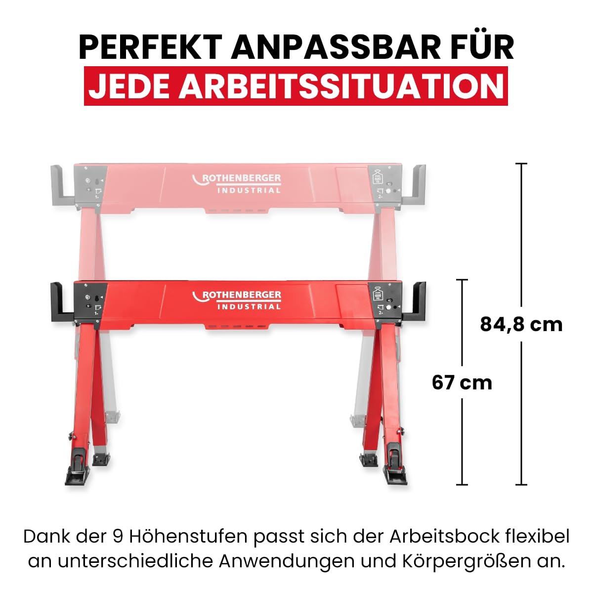 ROTHENBERGER Industrial Duo Falt Arbeitsbock, Sägebock, Unterstellbock, Klappbock 2er Set höhenverstellbar, klappbar, bis 600 kg belastbar