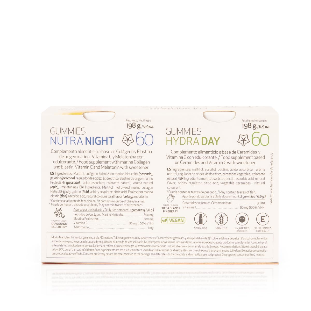 COLAGENOVA, Beauty Gummies, Idra Day con Ceramidi e Vitamina C e Nutra Night con Peptidi di Collagene Marino, Elastina, Vitamina C e Melatonina, Idrata la tua Pelle Giorno e Norche, 120 Gummies