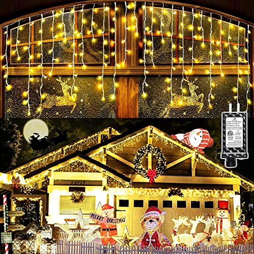 Christmas Lights Outdoor Decorations 410 LED 33ft 8 Modes Curtain Fairy String Light with 75 Drops, Clear Wire LED String Light Indoor Decor for Wedding Party Holiday Christmas Decorations Warm