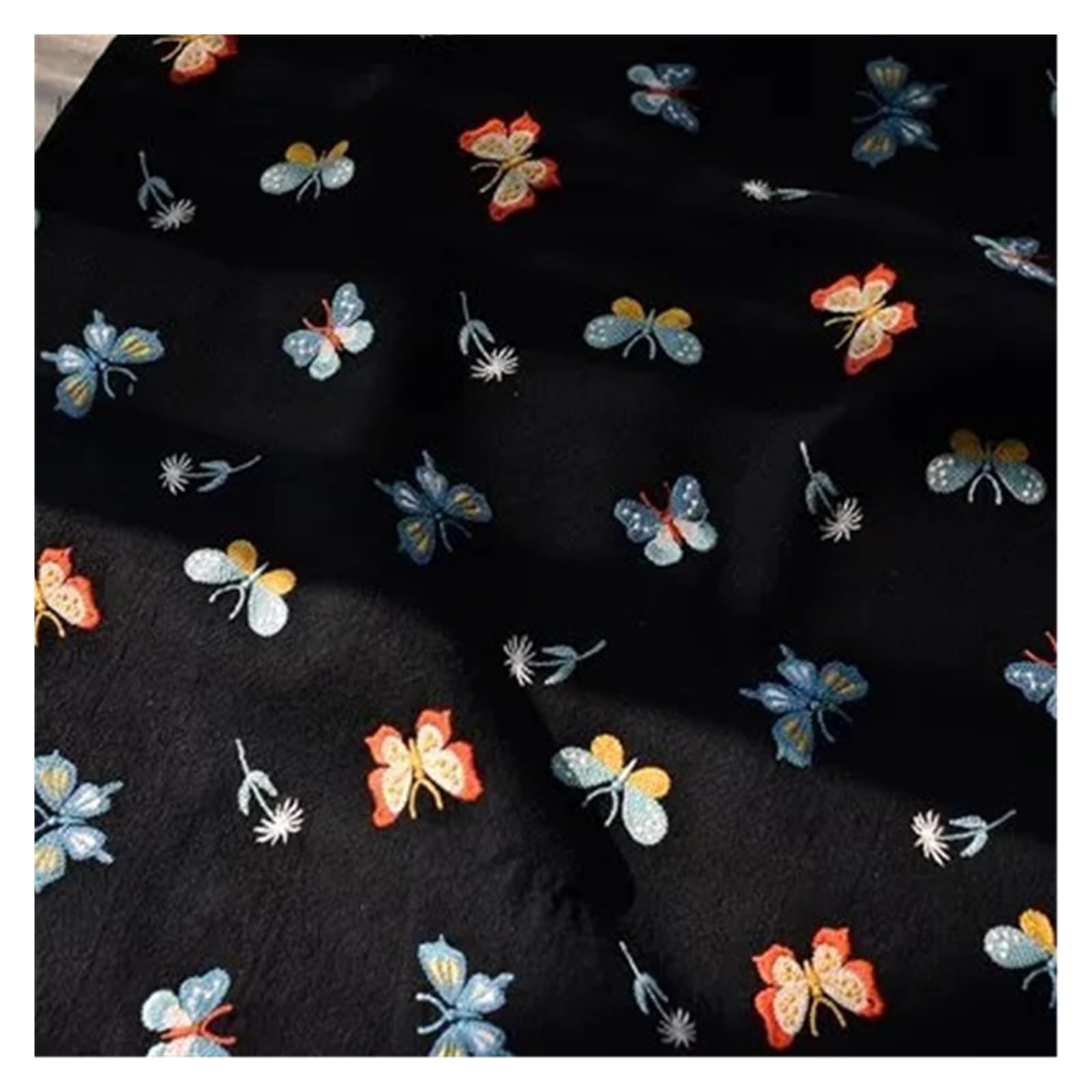 Tela de algodón y lino bordada con diseño de mariposas, hecha a mano, for sofá, almohada, mantel y bolso.(2 black)