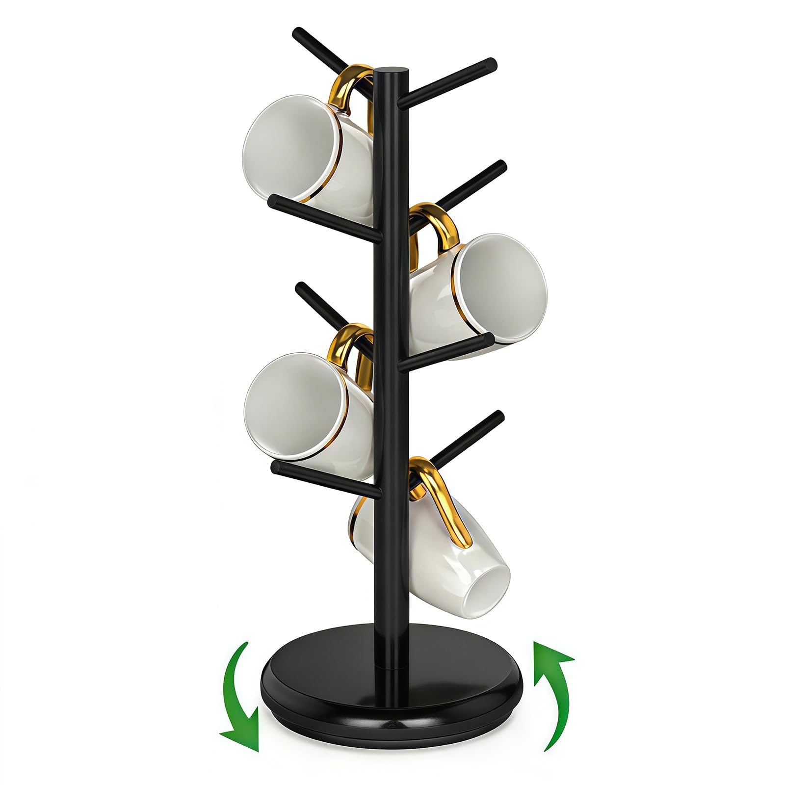 CHUNGG Wooden Mug Tree 6&8 Cups, Cup Holder for Storage, New Home Essentials or Coffee Station, Kitchen Accessories, 360 Lazy Susan Turntable Base, Funny Gifts for Friends (Black)