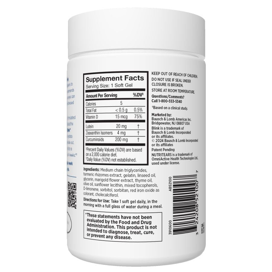 Image of BLINK NutriTears Clinically Proven Supplement for Dry Eyes,Eye Care with Lutein & Zeaxanthin and Vitamin D to Hydrate Eyes from Within for Long-Lasting Relief,50 Softgels,(Pack of 2)