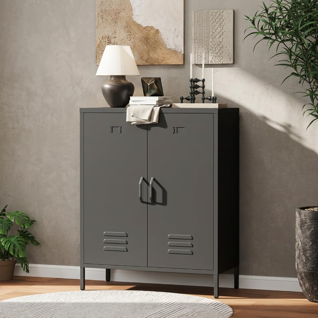 3 Fächer Metallkommode, 100x80x38cm, Stahl Schrank Kommode mit Doppeltür, Verstellbarer Einlegeboden, Industrial Mehrzweckschrank für Wohnzimmer & Flur, Schwarz