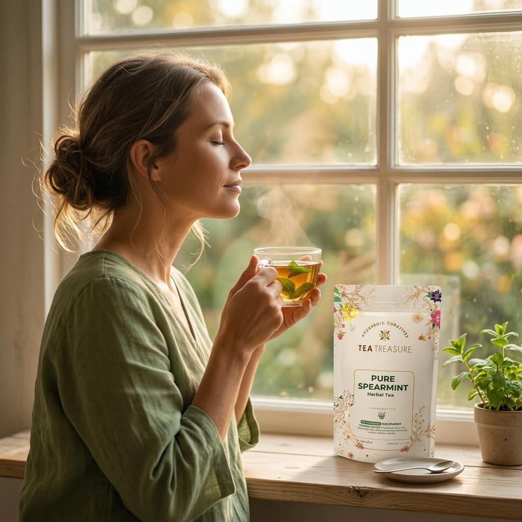 Tea Treasure Feuille de menthe verte 100 g – Aide le SOPK, le soulagement de la PCOD, l'équilibre hormonal, la perte de poids, les soins digestifs et réduit les poils du visage | Infusion entière sans
