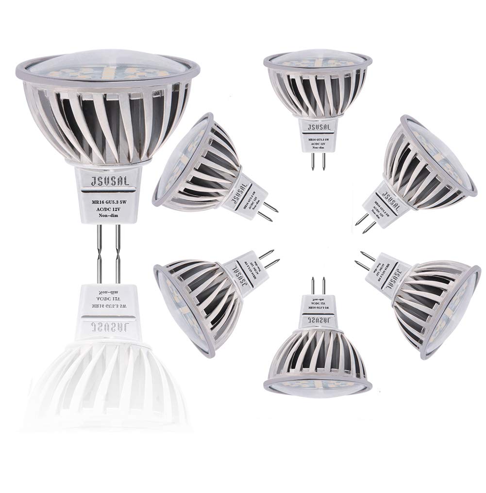 JSVSAL Not Dimmable MR16 GU5.3 LED Bulbs 50W Halogen Equivalent, 650lm, 5000K Daylight White, 5W DC/AC 12V 120 Degree Wide Beam Floodlight Bulb for Indoor/Outdoor Landscape Track Bulbs,6-Pack