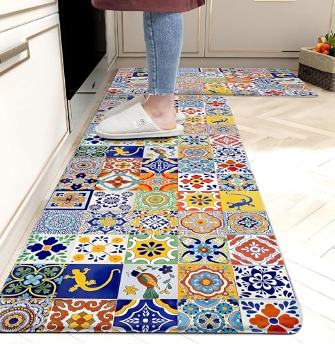 Comparison: Best Kitchen Mats For Tile Floors 5 weesire Boho Kitchen Rugs Set 2 Pieces Memory Foam Colorful Ceramic Comfort Tile Floor Mat Anti Fatigue Non-Skid PVC Runner Rug Water & Oil Proof Carpet for Kitchen Laundry Sink,17.3x28+17.3x47 Inch